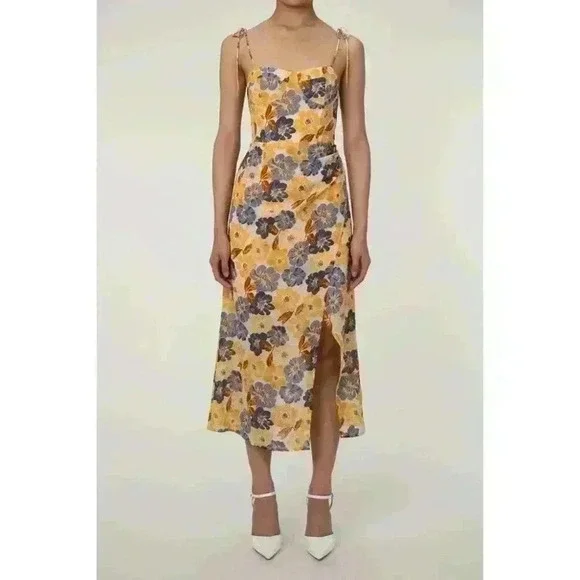 Tie Shoulder Bustier Smocked Split Floral Vacation Midi Slip Dress - Size M - Picture 2 of 15